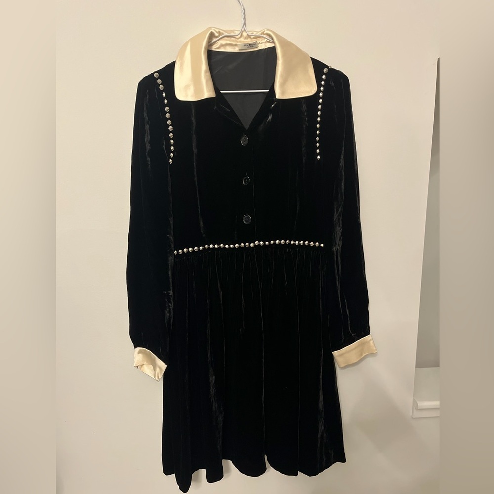 Miu Miu black velvet dress Pearl-Trim Dress with Ivory Collar